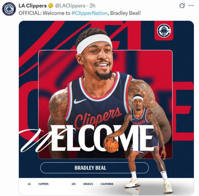 洛杉矶快船正式签下比尔，两年合同细节曝光