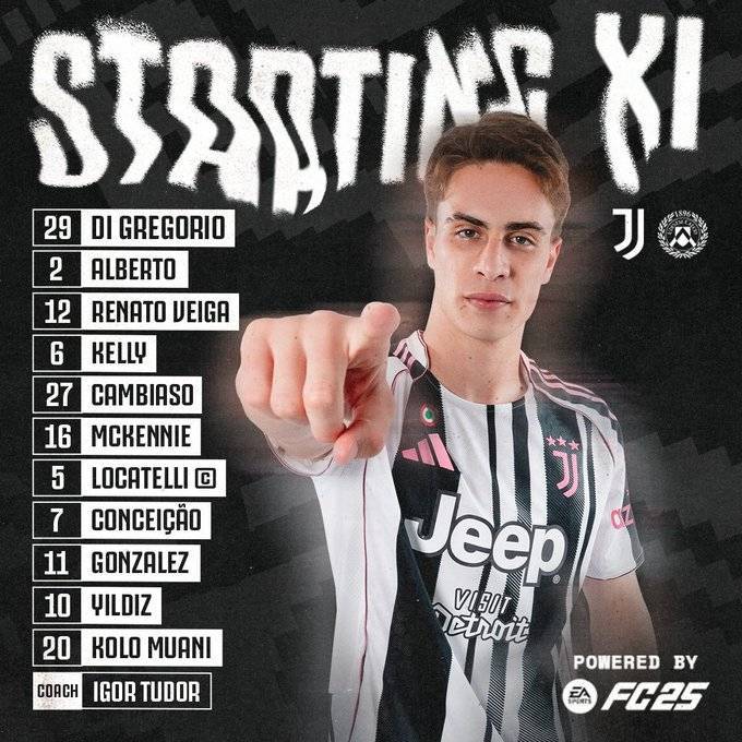 尤文vs乌迪内斯首发：伊尔迪兹领衔 穆阿尼、孔塞桑出战