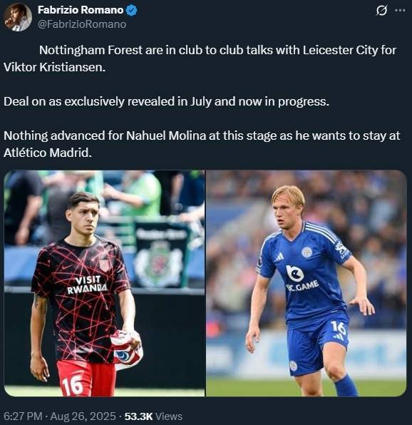 开云体育首页-罗马诺：诺丁汉森林在和莱斯特城谈后卫克里斯蒂安森的转会